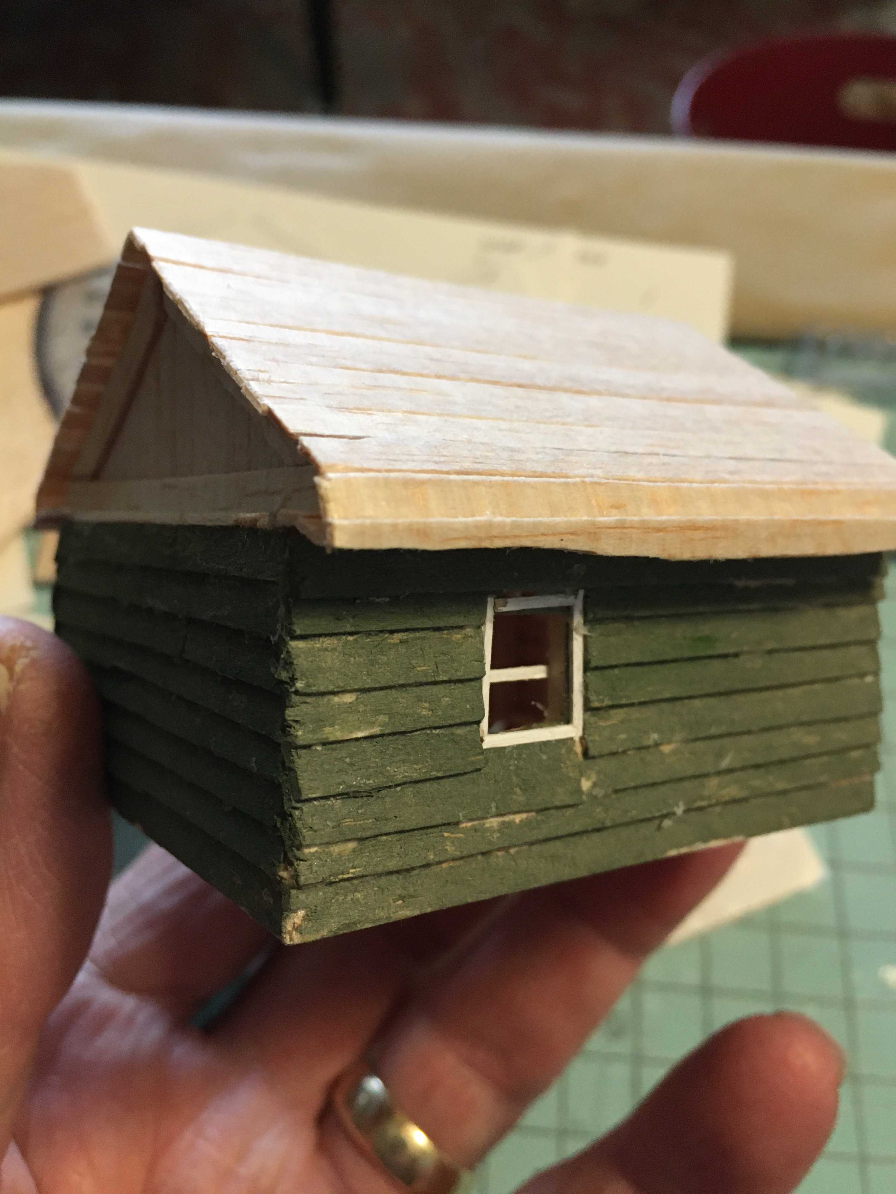 Rear view of green cabin showing widow with white trim.