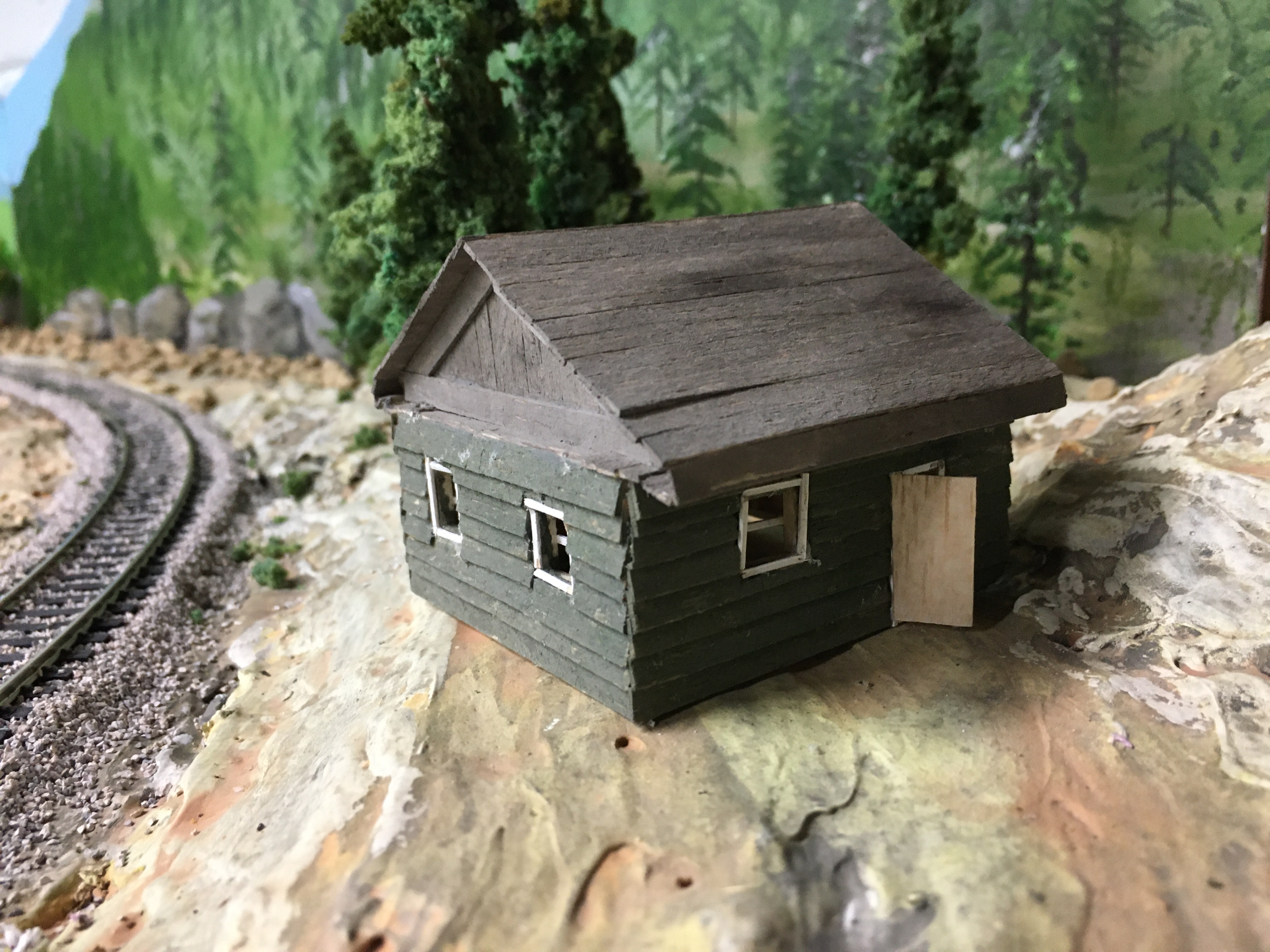 Green cabin with white trimmed windows and gray roof.