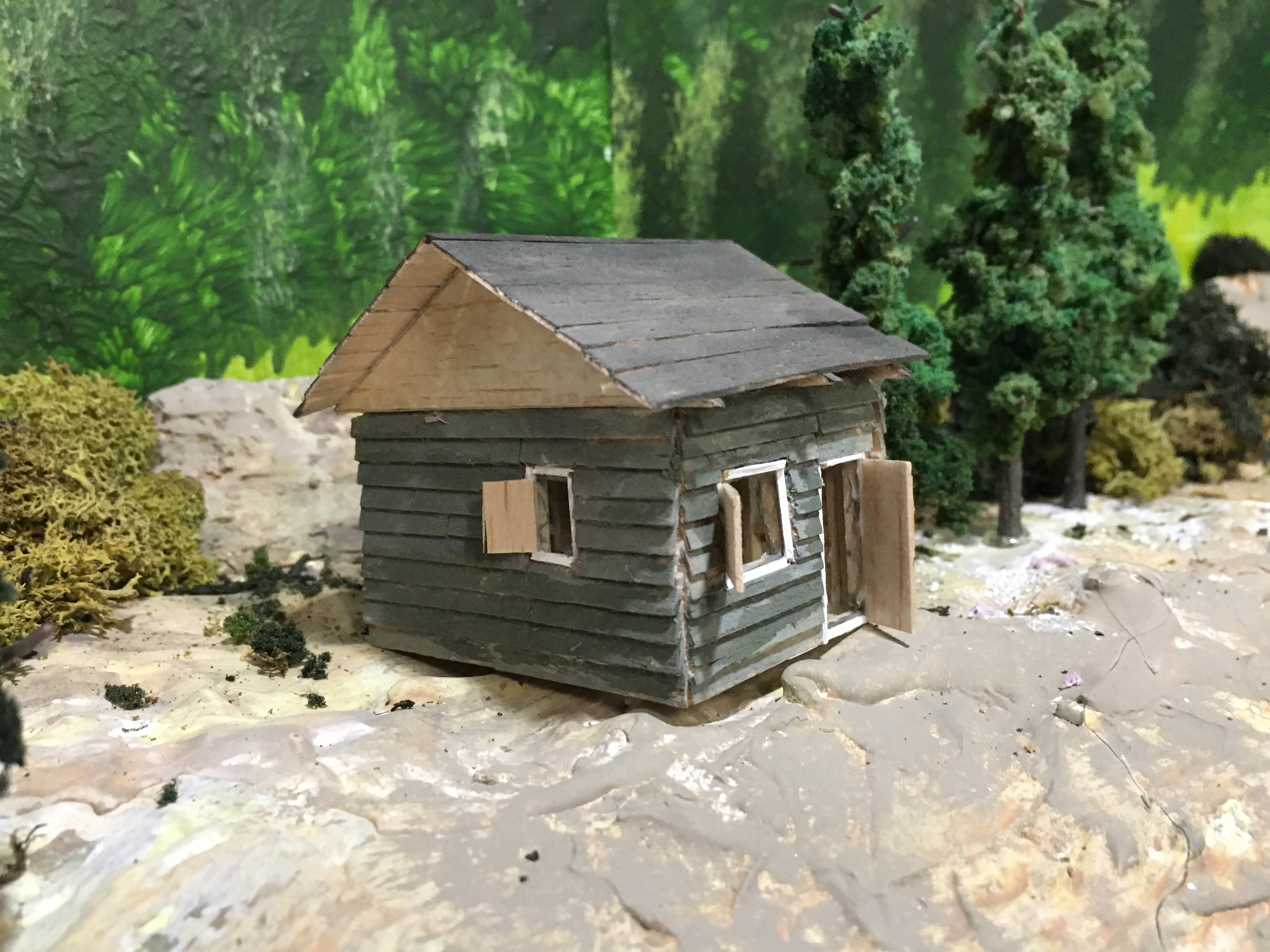 Small green cabin with open door and shutters.