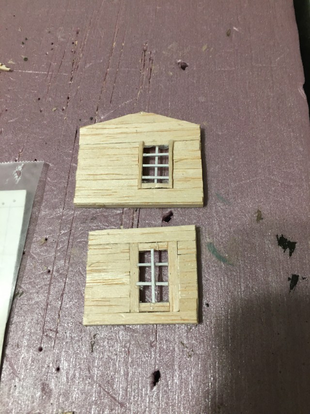 Two balsa walls with HO scale windows installed.