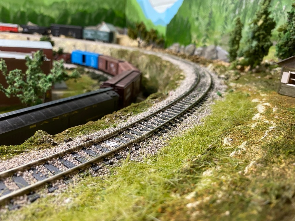Curved track with scenery.