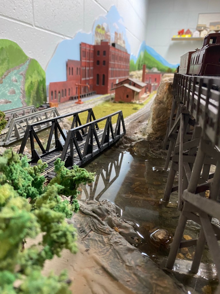 Bridges, river, factory, trees, buildings