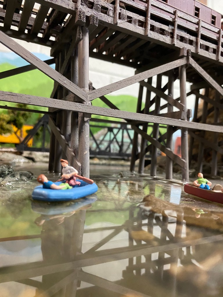 Bridge, river, canoers, water