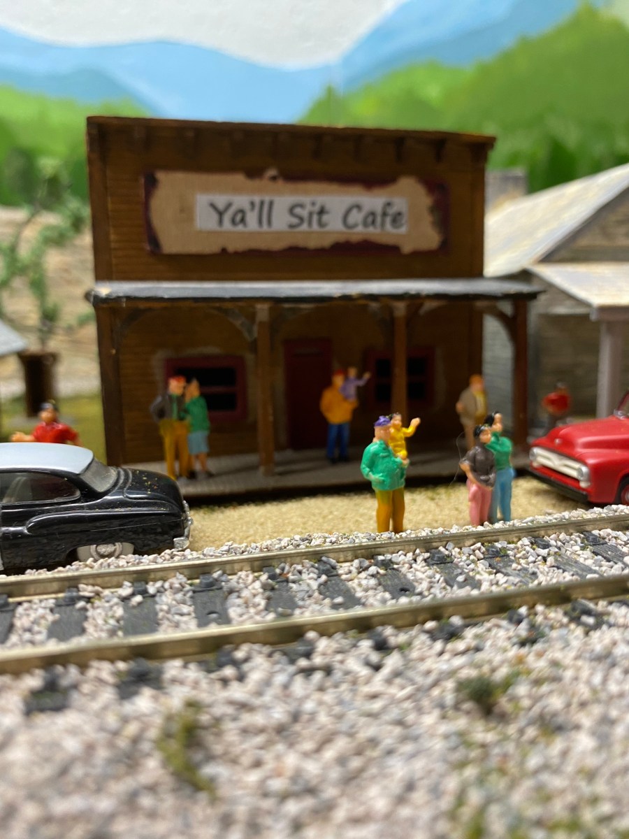 Track, people, Ya'll Sit Cafe, mountains, red truck, car