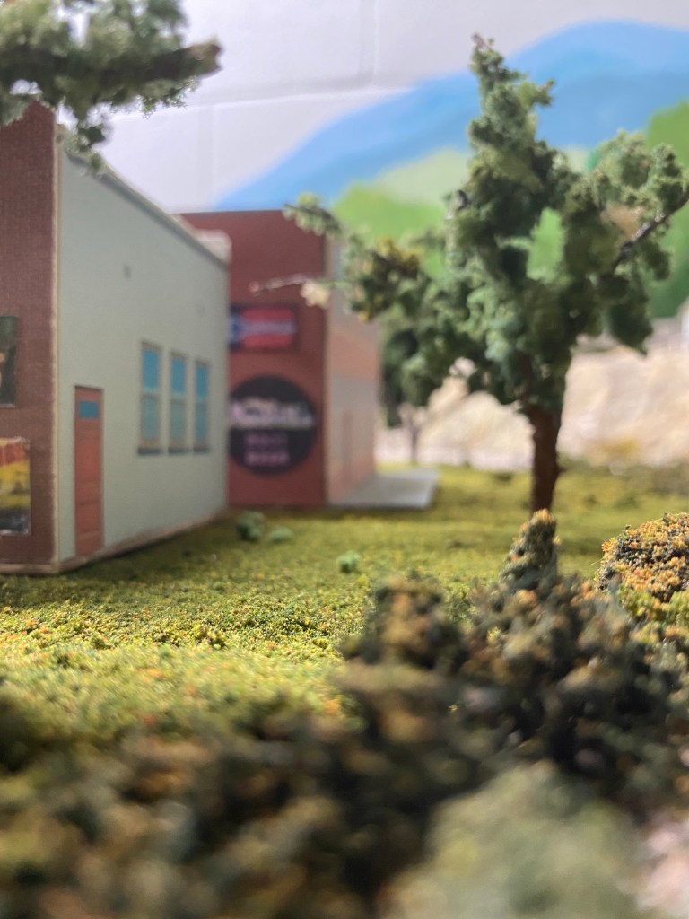 A view along the tracks behind the bank at Maple Valley with bushes and trees.