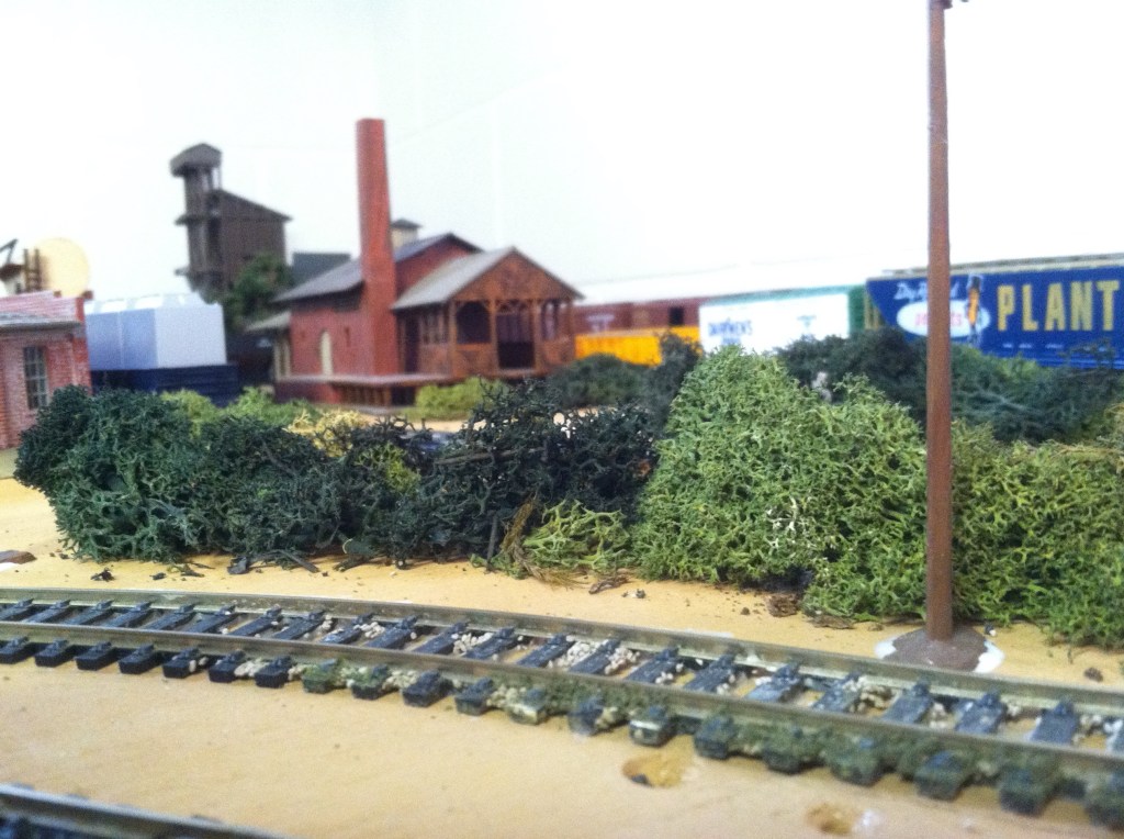 Track, bushes, telephone pole, train cars, buildings