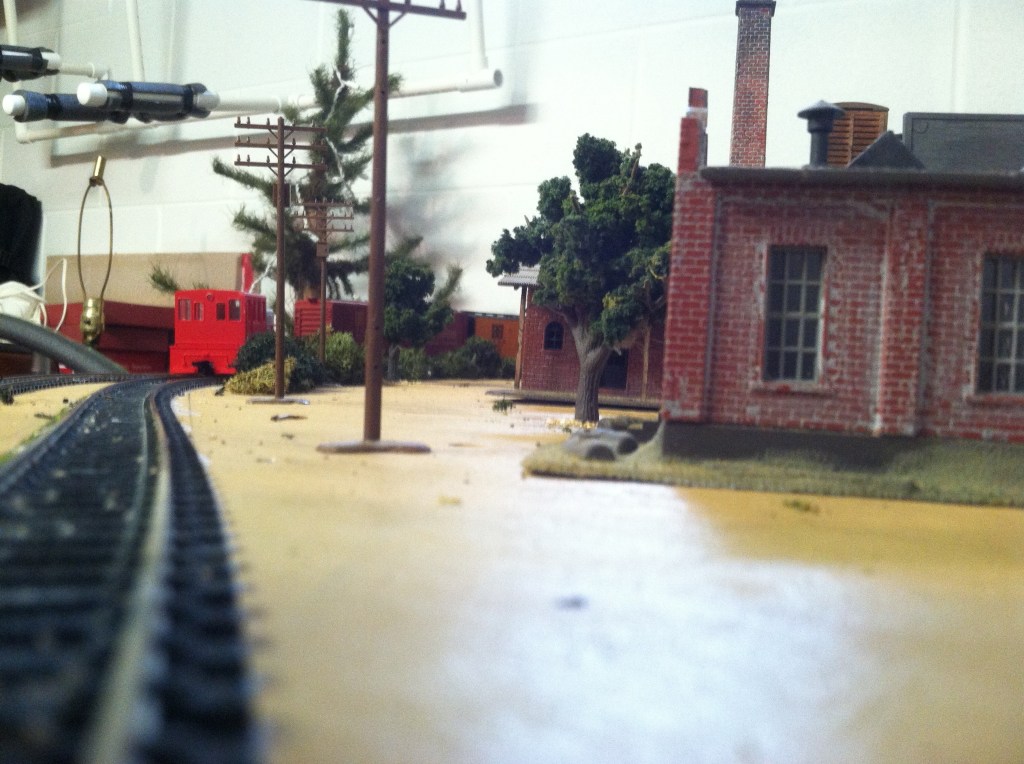 Track, building, telephone poles