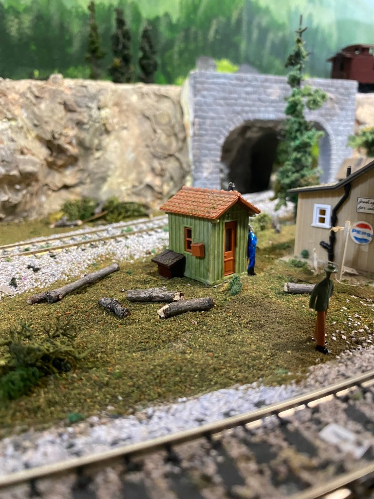 Two tracks, ground cover, sheds, people, rocks