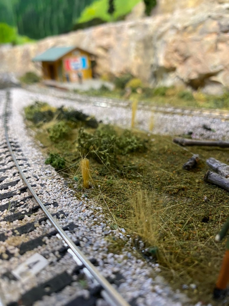 HO scale track and ballast, weeds, building, rocks