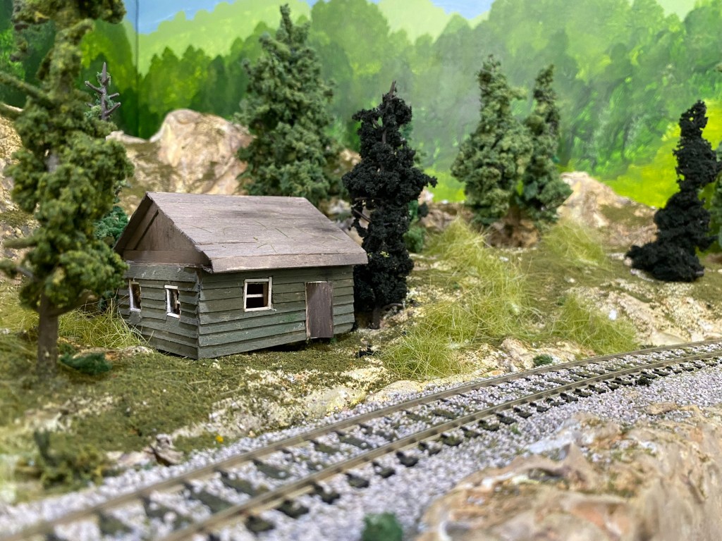 HO scale cabin in the pines, curved track, forest backdrop, grasses