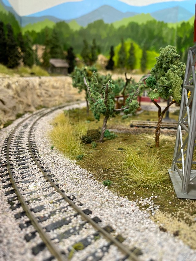 HO scale curved track, grass, trees, rocks