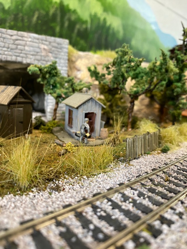 Worker heading into shed, weeds, fence, train track and trees