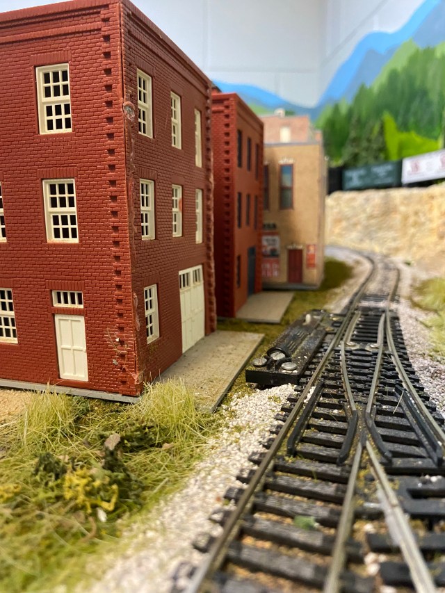 Buildings, HO scale track, train cars, weeds