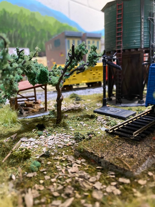 Trees, water tower, shed, train car, track, weeds