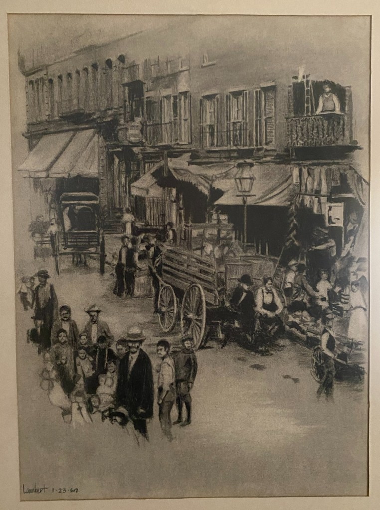 Richard Lambert Charcoal Drawing, Little Italy Street 1990, finished January 23, 1967