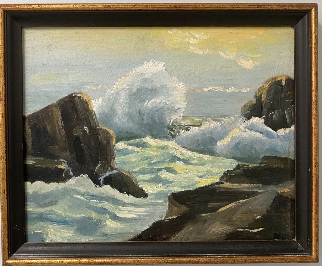 Oil painting of coastal rocks and waves