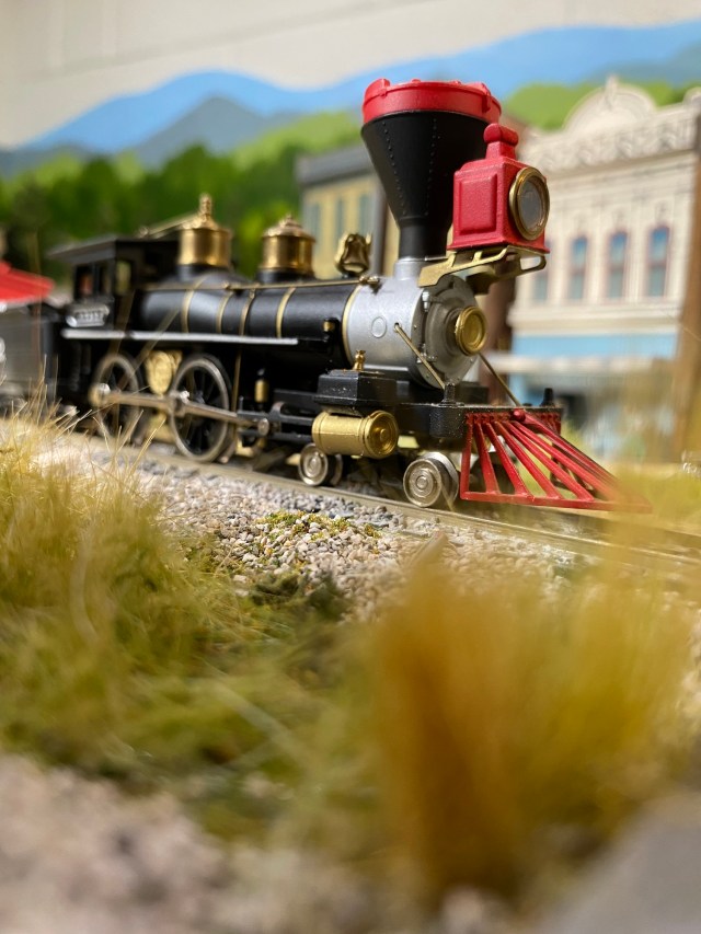 Weeds, steam locomotive, buildings, train tracks
