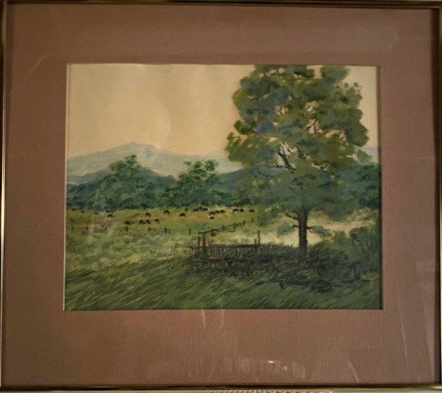 Farm scene in water color painting.