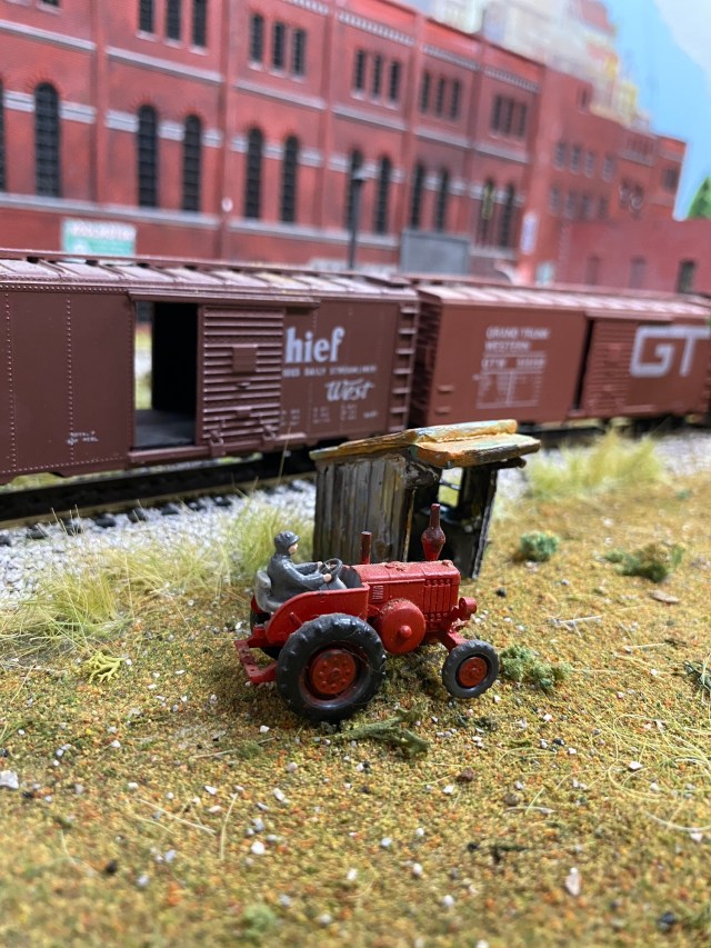 Tractor, shed, box cars, factory