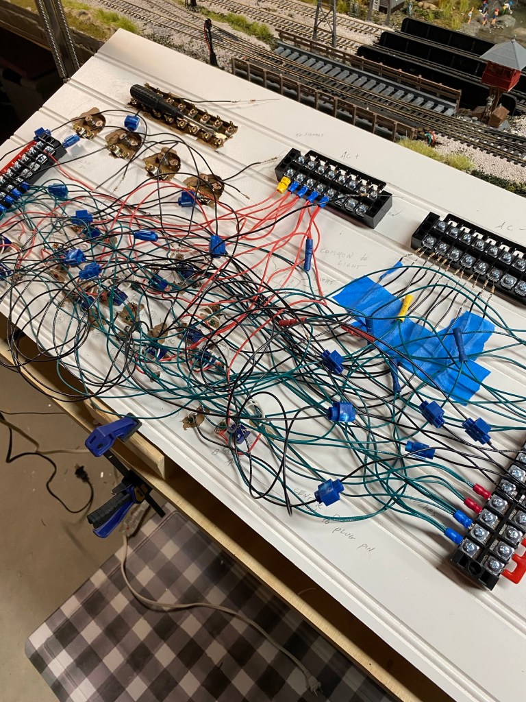 Wires, terminal blocks, red, green, black wires, connectors