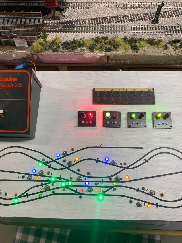 Lighted and operational control panel, push buttons, outline of model railroad