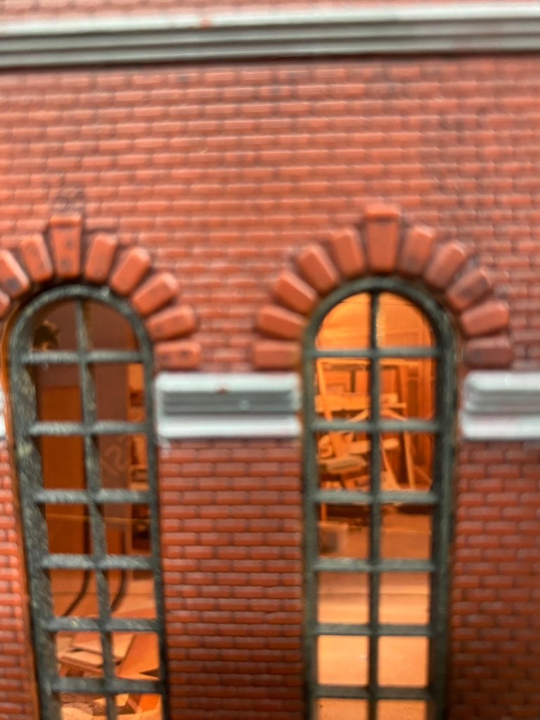 Interior view, window view of factory, brick building